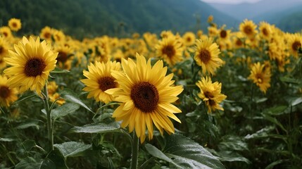 Fototapeta premium A vast field of bright yellow sunflowers in full bloom set against a backdrop of green hills under a softly overcast sky