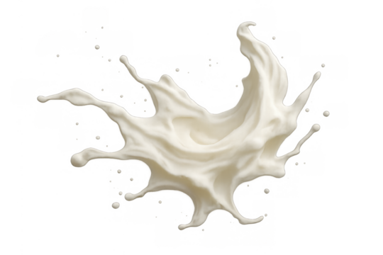 White liquid splashing, creating dynamic dairy swirls and drops. Fresh milk cream flowing with motion on transparent background
