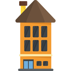 Flat design illustration of a tall orange building with a brown roof and yellow chimney against a transparent background featuring multiple dark windows and two blue doors on the ground floor in a