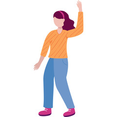 Flat Design Illustration Of A Woman With Purple Hair Wearing An Orange Striped Sweater And Blue Jeans Dancing With One Arm Raised In A Studio Setting With White Background And Pink Shoes