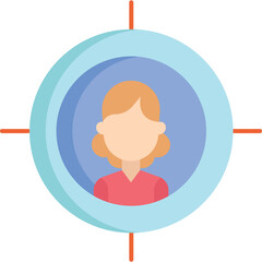 Flat Design Portrait of a Woman with Orange Hair and Pink Shirt Centered in a Teal and Light Blue Circular Target with Red Crosshairs on a Transparent Background