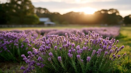 Fototapeta premium A serene lavender field bathed in the warm golden light of a setting sun