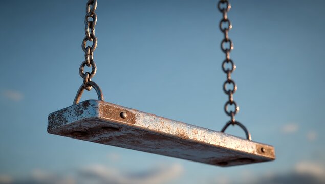 Rusted metal swing set against a pale blue sky