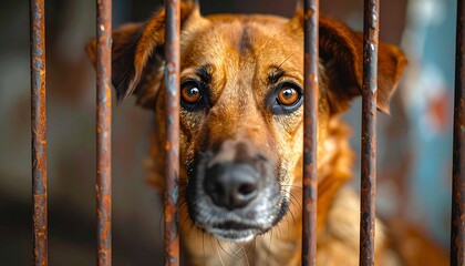 A brown dog stares longingly from behind rusty metal bars, its eyes filled with hope and a touch of sadness