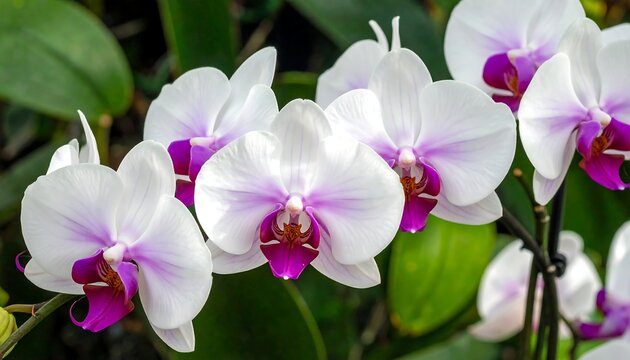 A close-up of delicate, white and purple orchid blossoms against a backdrop of soft, green foliage