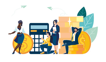 Business, people, bank employees calculate financial income. Accumulating funds, money gold dollar coins, investment growth financing, profitability, people, banking, bank, poster. Vector illustration