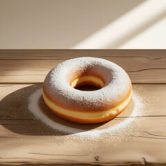 Powdered Sugar Donut on Wooden Table with Sunlight Shadows sweet pastry