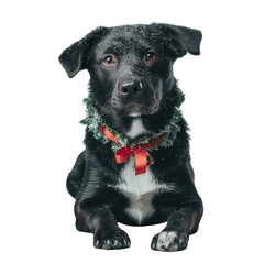 Fototapeta premium christmas festival Black dog with a red collar and a curious expression.