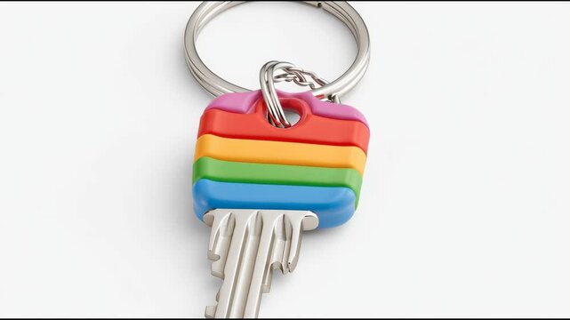 Realistic image of a house key with a colorful keychain on a pure white background, crisp edges.
