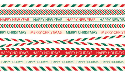 Ribbons with greeting inscriptions in traditional Christmas colors. Merry Christmas, Happy New Year, Happy Holidays text. Clip art for creating cards, advertisements, publications, brochures, vector