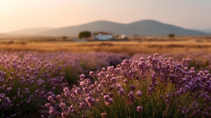 Obraz premium Serene lavender field bathed in warm golden hour light with a distant farmhouse nestled on the horizon