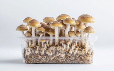 Cluster of golden capped mushrooms growing in a transparent plastic container filled with nutrient rich substrate, showcasing mushroom cultivation