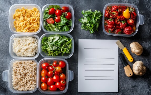Variety of meal prep containers filled with pasta, vegetables, and grains, alongside fresh produce and a blank notepad for planning