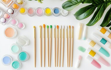 Flat lay of vibrant makeup brushes, eyeshadow palettes, and cosmetic products arranged on white background with tropical leaf accent, beauty concept