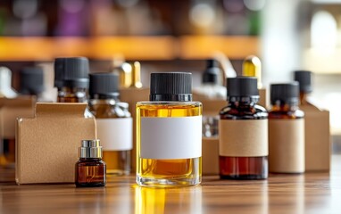 Collection of various sized essential oil bottles with blank labels on wooden surface, showcasing perfume ingredients and aromatherapy products
