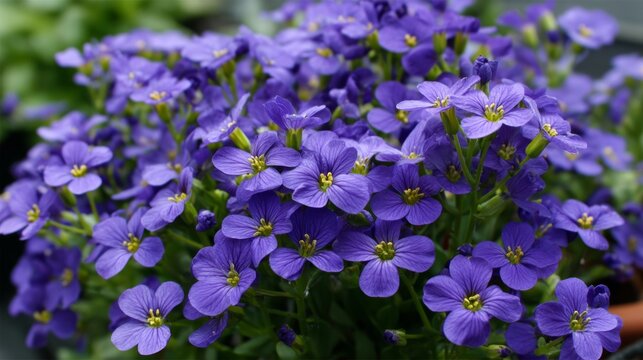 Colorful aubrieta blooms create a vivid display in a garden setting during spring with sunlight illuminating the petals