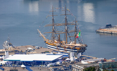 GENOA, ITALY, JUNE 10, 2025 - The Amerigo Vespucci boat moored in the port of Genoa, Italy