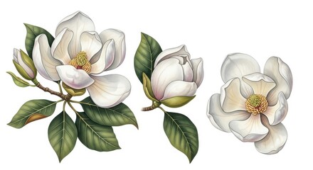 Elegant white magnolia blossoms with green leaves