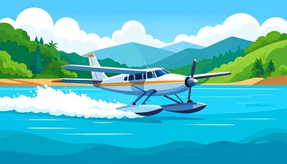 A cartoon depiction of a seaplane taking off from a blue ocean with a backdrop of green hills, trees, and bright clouds