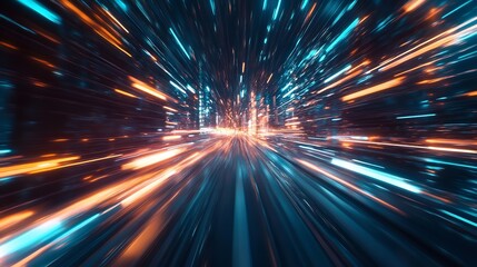 Fototapeta premium Abstract hyper jump into another dimension with bright orange and blue light trails in a digital city