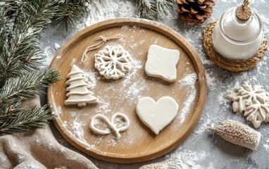 Christmas themed cookie cutters and decorations on a wooden board with pine branches and festive elements, perfect for holiday baking concept