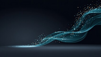Abstract flowing teal waves with golden particles on a dark background
