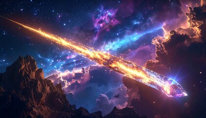 A dazzling crystal-like object hurtles through a nebular sky above a mountain range, glowing with intense light