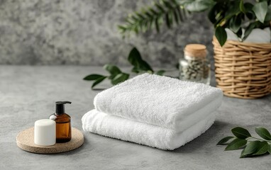 Relaxing spa setup featuring folded white towels, essential oil bottles, and green plant elements on a gray concrete surface, embodying tranquility and wellness