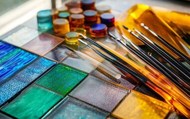 Close up of colorful art supplies including paint jars, brushes, and iridescent tiles, showcasing a diverse palette for artistic expression