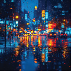 abstract background with colorful lights Rainy Night Cityscape – Skyscrapers Glowing Through the Mist - Wet Pavement Reflections of Tall Buildings in Urban Downtown