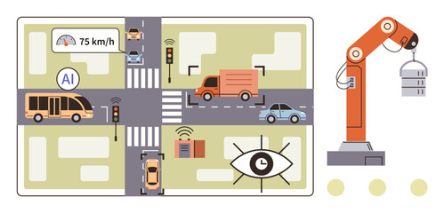 Urban intersection with AI speed control, autonomous vehicles, traffic signals, sensors, and robotic crane automation. Ideal for smart city planning, IoT, transportation, technology automation