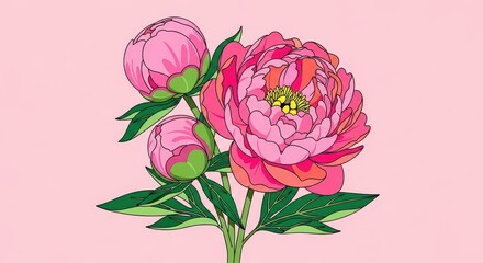 Vibrant pink peonies with buds on a soft pink background