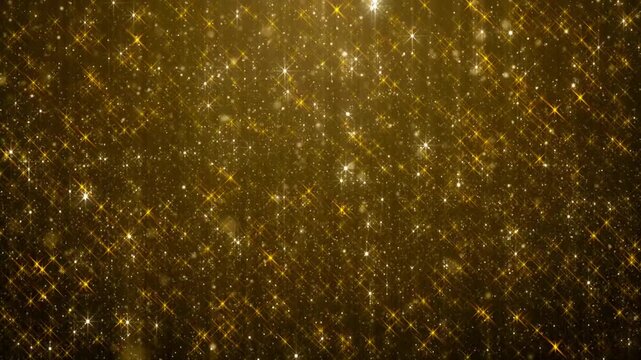 Luxurious, glittering background of gold sparkles, bokeh, and star particles falling diagonally with light rays. For awards or holidays