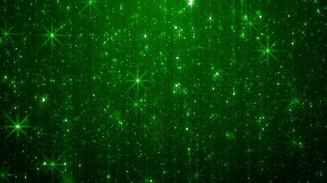 Festive, glittering background of green sparkles, bokeh, and star particles floating and twinkling. For holidays or celebrations