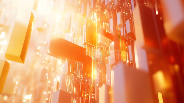 Abstract golden cubes floating in a bright orange space creating a futuristic and technological scene
