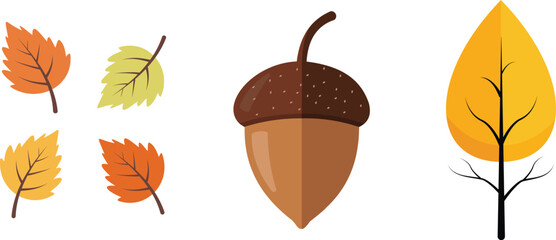 Autumn leaf and acorn vector set with yellow orange and brown fall season design