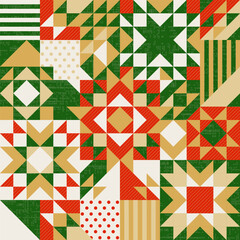 Winter Christmas stars patchwork, irregular geometric background, seamless vector repeating pattern, quilt folk art design layout, repeating geometric shapes including triangles, squares and diamonds