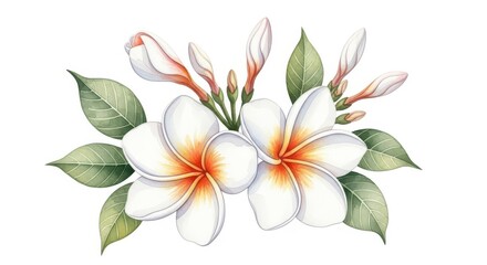 Watercolor painting of white plumeria flowers with green leaves