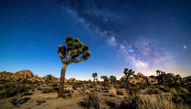 A desert landscape with Joshua trees at twilight beneath a bright, starry Milky Way filled night sky