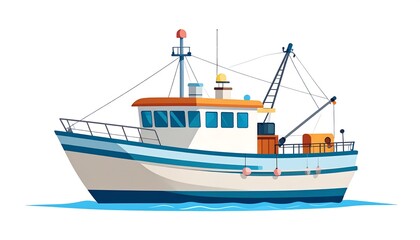 Fototapeta premium A cartoon image of a fishing vessel floating on water. It has a white hull with a blue stripe and windows