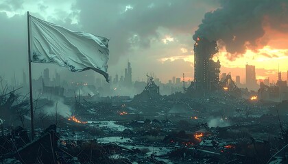 A desolate cityscape, ruined by conflict, with a waving white flag of surrender under a turbulent, smoky sky