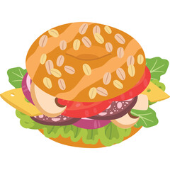 Freshly Prepared Toasted Bagel Sandwich Filled With Crisp Lettuce Tomato Onion Cheese And Mushrooms Against A Clean White Background With No Distractions