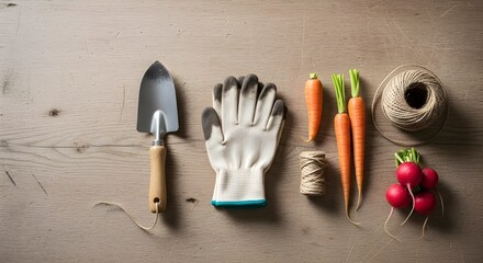 Gardening tools and fresh organic vegetables from the garden