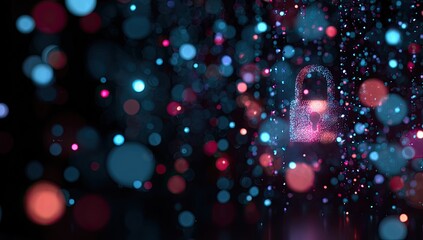 Abstract digital padlock, glowing in a dark, particle-filled space