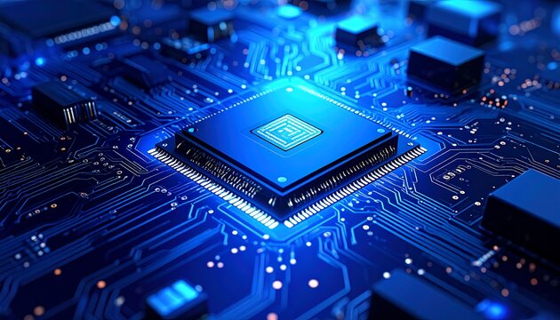 A close-up shows a blue-lit computer processor on a circuit board with intricate patterns and glowing connections - Powered by Adobe