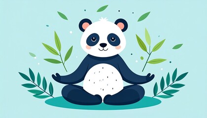 A cartoon panda with arms outstretched in a meditative pose. Bamboo leaves surround the panda on a soft blue background