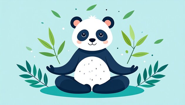 A cartoon panda with arms outstretched in a meditative pose. Bamboo leaves surround the panda on a soft blue background