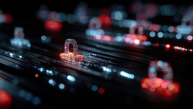 Abstract representation of digital locks.  Dark background, glowing, geometric locks