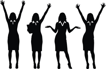 Business woman silhouette, professional female figure, corporate attire, confident pose, success celebration, teamwork concep