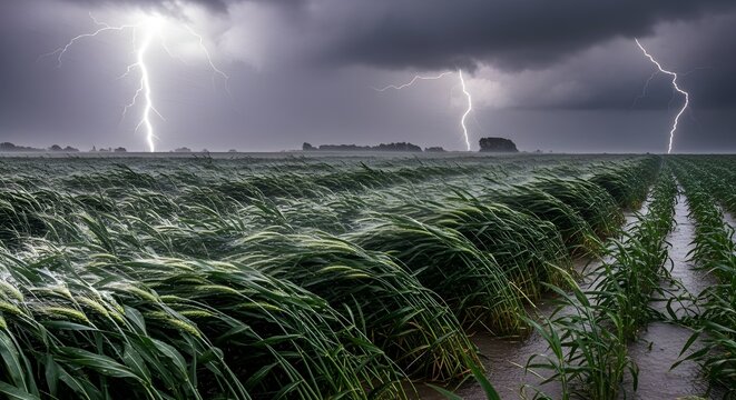 Farming field battered by severe thunderstorm with lightning strikes and heavy rain
